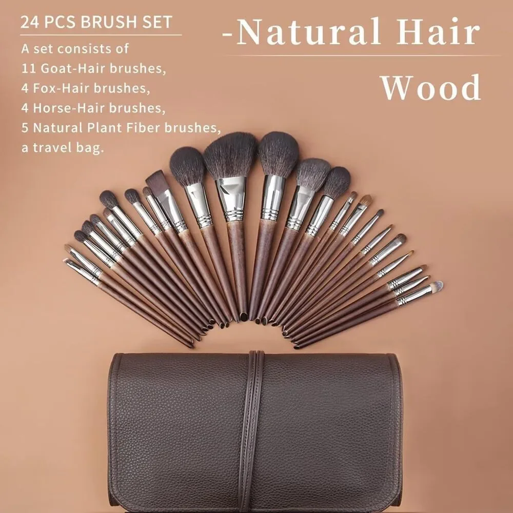 Deluxe 24 Cosmetic Professional Natural Goat Hair Makeup Brush Set with Case